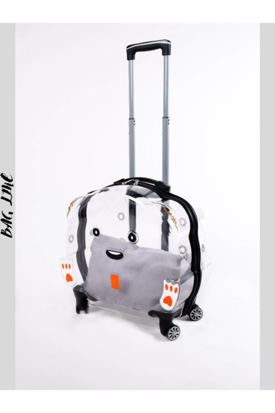 Genel Markalar Şeffaf Tekerlekli Kedi Köpek Taşıma Valizi Çekçekli Büyük Model Siyah Kırmızı Minderli