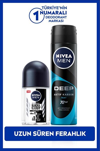 NIVEA MEN Erkek Sprey Deodorant Deep Aktif Karbon 150ml ve Black&White Original Mini Roll-on 25ml
