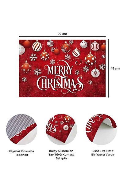 BrillaHome Yılbaşı Desenli Kırmızı Kapı Önü Paspası |Yılbaşı Süsü Hediyeli Kaymaz Dokuma Tabanlı Paspas|45x70cm