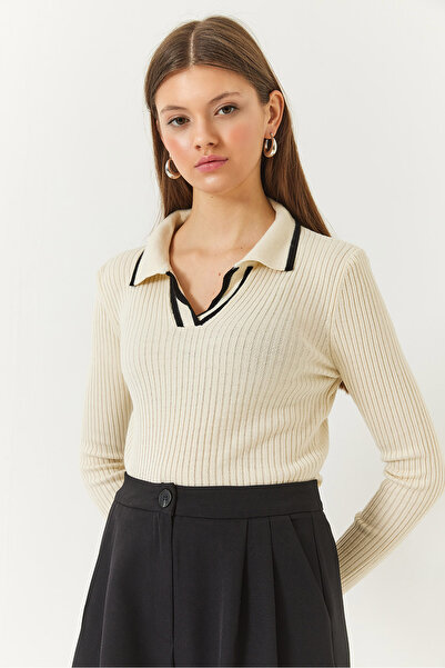 Bianco Lucci Kadın Polo Yaka Fitilli Şerit Detaylı Mevsimlik Uzun Kollu Triko Bluz 60261446