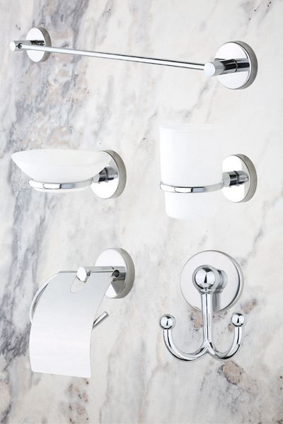 MultiStore Chrome 5-Piece Bathroom Accessories Set Long Towel Holder/Toilet Roll Holder/Robe Rack/Soap Dish/Toothbrush Holder