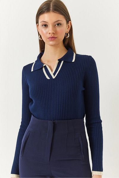 Bianco Lucci Damen-Polokragen, gerippt, gestreift, detaillierte saisonale Langarm-Strickbluse 60261446