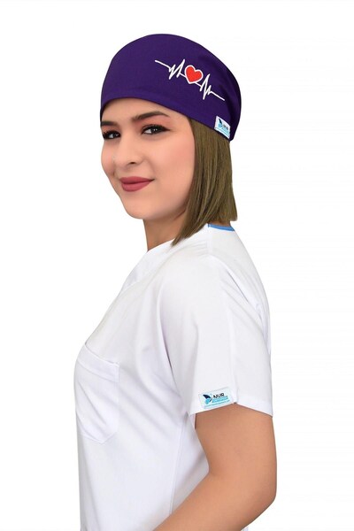 Nur Medikal Giyim Unisex Mor Kalp Ritim Nakışlı Cerrahi Bone Hemşire Doktor Saç Bone
