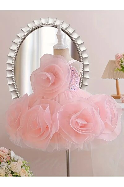 Pembe,Büyük Güllerden Tasarımlanmış,Pullu/Payetli, 1 Yaş Doğum Günü/Özel Gün Abiyesi Kız Çocuk/Bebek