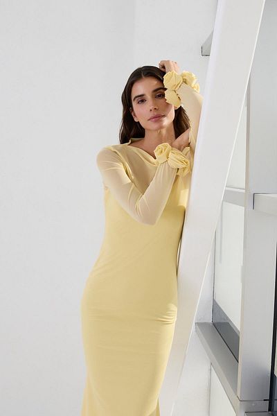 Setre Buttery Yellow Midi Dress with Sheer and Sleeves Detail