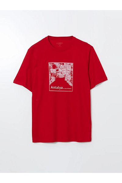 LC Waikiki Lcwaikiki Classic Red Crew Neck Antalya Printed Combed Cotton Mens T-Shirt