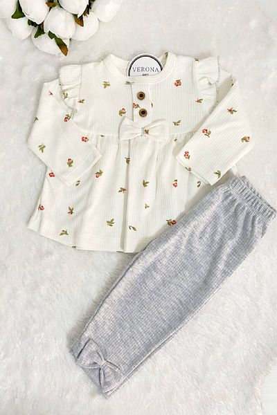 VERONA TARZ Baby Girl Set of 2 Bow Detailed Buttoned 2 Piece Newborn Twill Fabric