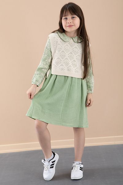 Cansın Mini Rochie de muselină pentru fetiță cu pulover brodat cu flori verzi 20482