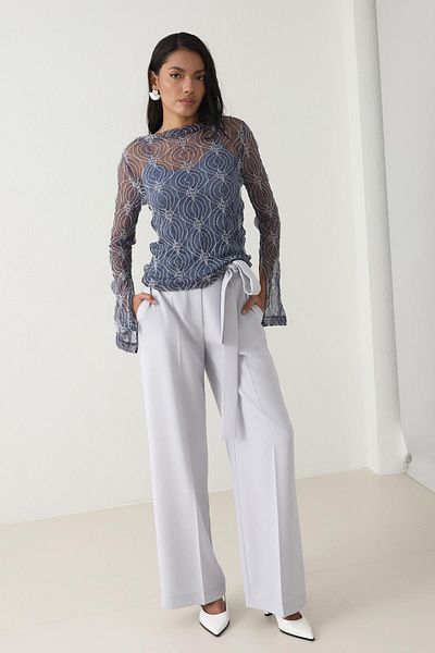 Setre Indigo Slim Fit Transparent Inner Lining Detailed Patterned Long Sleeve Blouse