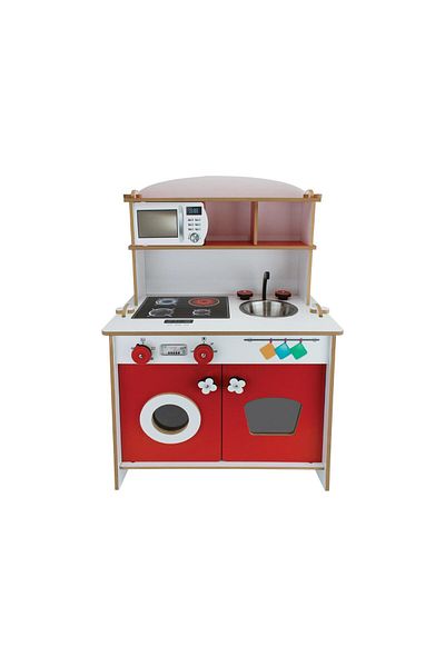 ROZİTOYS Cg82 مطبخ أطفال خشبي أحمر وردي، لعبة مطبخ خشبية، سجادة أطفال هدية T1003