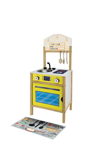 ROZİTOYS Cg113 مطبخ أطفال خشبي أصفر وردي، لعبة مطبخ خشبية، سجادة أطفال هدية T1018