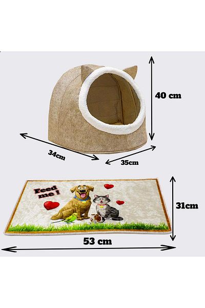 GOBYPET Beige Alas Cat and Dog House Bed - Cat-Dog Drinking Bowl with 2 Bowls, Food Bowl Mat Set