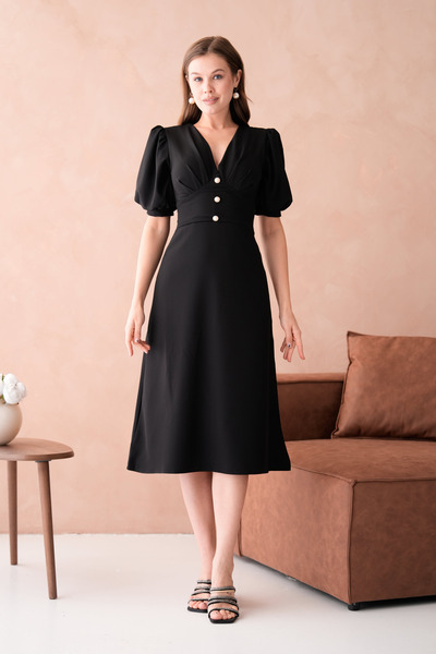 bayansepeti Černá látka Atlas s balonovým výstřihem do V, zvonový střih večerní šaty midi s doplňky na knoflíky 153