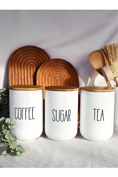 Bonjour Gift & Hobby 3-Piece White Glass Jar with Bamboo Lid Tea/Coffee/Sugar