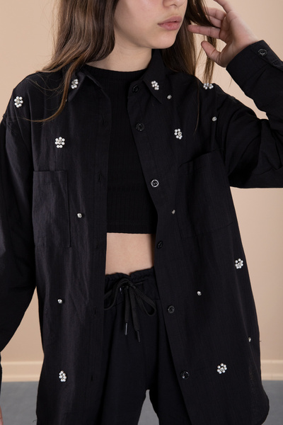 Cansın Mini Black Girl's Cropped Stone Shirt and Pants 3 Piece Set 20471