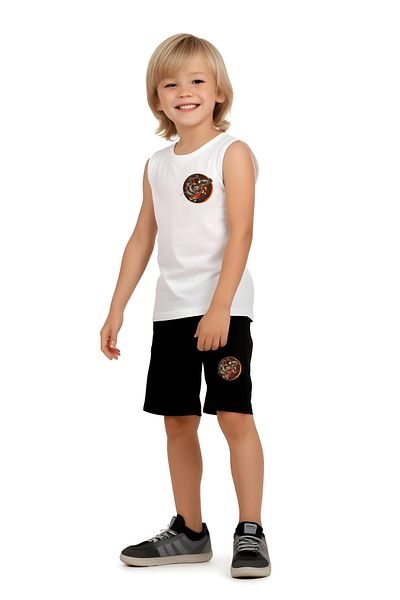 YA KO KİDS Astronaut Skateboard Printed Boys' Suspender T-Shirt and Shorts Set Top and Bottom