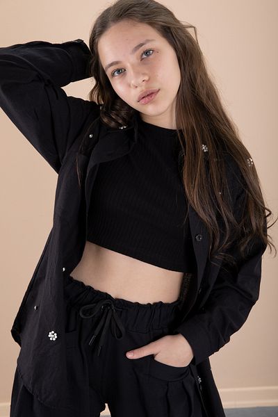 Cansın Mini Μαύρο κορίτσι Cropped πέτρινο πουκάμισο και παντελόνι 3 τεμαχίων 20471