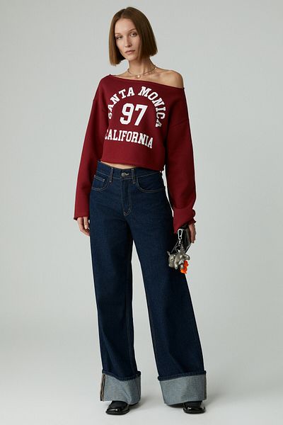 GRIMELANGE Asly Women's Asymmetrical Neckline Rasterless One-Shoulder Off-Shoulder Printed Burgundy Sweatshirt