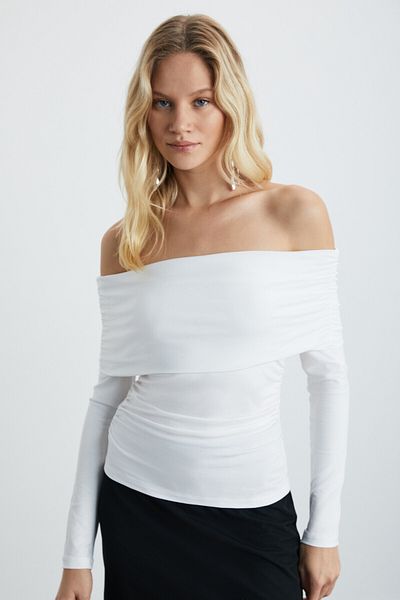 GRIMELANGE Babel Women's Lycra Viscose Bardot Collar Soft White Blouse