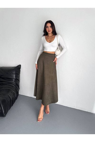 Ozy Fashion Fusta evazată verde kaki din piele intoarsa pentru femei