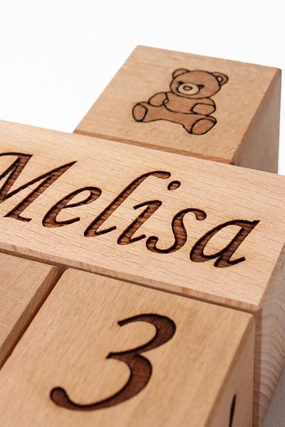 Pikas Name Is Written Wooden Mother Baby Memory Cubes Photo Shoot, Baby Memory Cubes Set