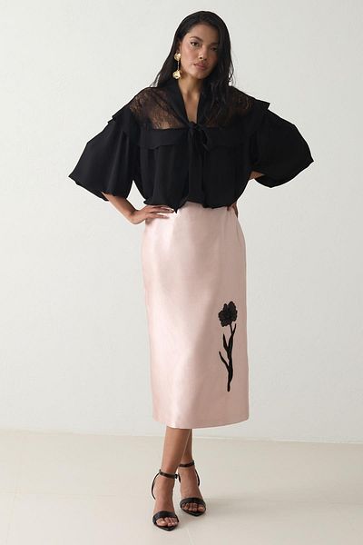 Setre Dark Powder Embroidery Detailed Pencil Skirt