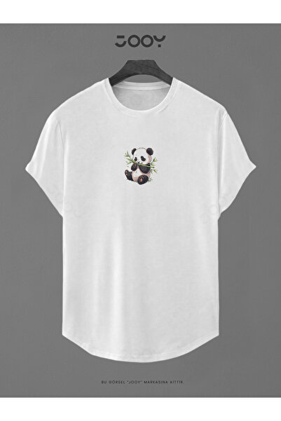 Jooy تي شيرت أبيض بطبعة باندا من الخيزران بقصة بيضاوية