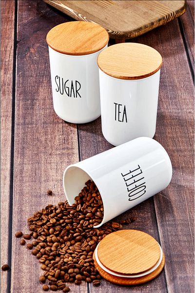 Bonjour Gift & Hobby 3-Piece White Glass Jar with Bamboo Lid Tea/Coffee/Sugar
