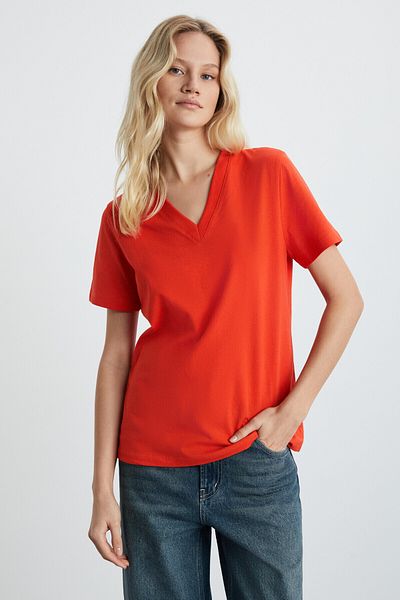 GRIMELANGE Alıne Women's 100% Organic Cotton Deep V-Neck Comfort Fit Red T-Shirt