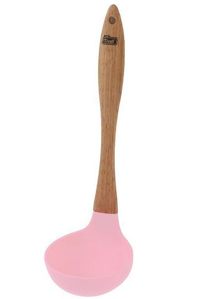 TİVOLİ Wooden Handle Tip Silicone Serving Ladle Heat Resistant Fireproof Non-Stick Soup Ladle 27cm Pink