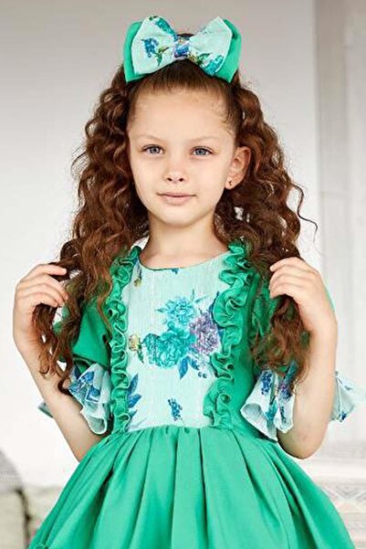 Riccotarz Κοριτσίστικο μπαλόνι μανίκι στήθος λουλούδι λεπτομέρεια φούστα βολάν με επένδυση πράσινο φόρεμα