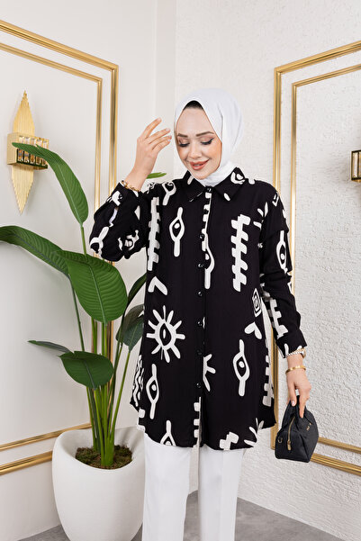 Sfg Life Moda Κομψό υφαντό πουκάμισο-τουνίκ από βισκόζη με λεπτομέρεια με κου...