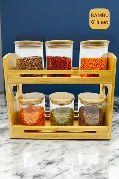 Kitchen Way 400ml Glass Spice Rack Set with Bamboo Stand and Gasket Lid 6-Piece Jar Food Storage Set Kw-369