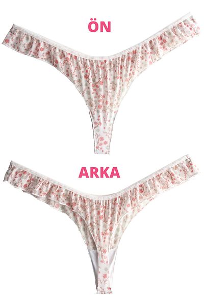 Cottonhill Cream Floral Patterned Tulle Thong Panties with Frilled Edges