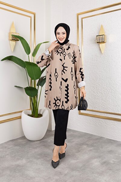 Sfg Life Moda Κομψό υφαντό πουκάμισο-τουνίκ από βισκόζη με λεπτομέρεια με κου...