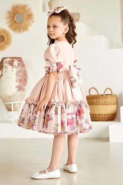 Riccotarz Girl's Balloon Sleeve Breast Flower Detailed Skirt Tip Ruffle Lined Salmon Dress