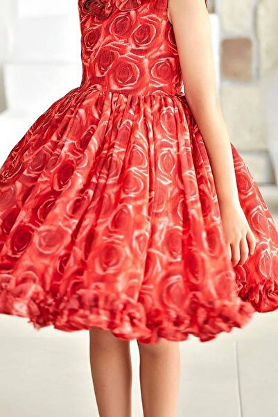 Riccotarz Girl's Ruffled Collar and Hem Rose Printed Sleeveless Red Dress