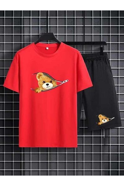 CAST COLLECTİON Men's Red Bear Printed Short Tshirt Set