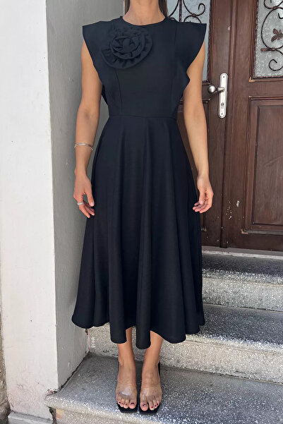 GÜLSELİ Μαύρο τριαντάφυλλο λεπτομερές γυναικείο φόρεμα