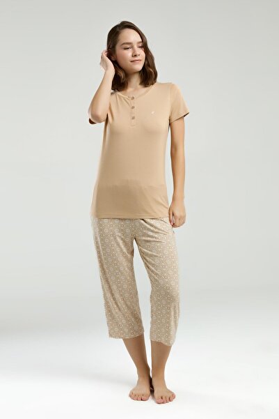 Pierre Cardin Buttoned Crew Neck Short Sleeve Capri Suit, Viscose Fabric