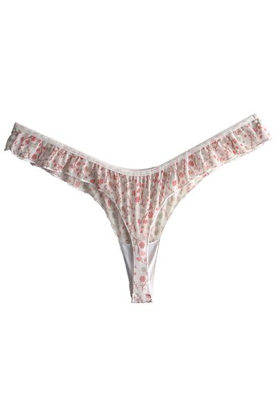 Cottonhill Cream Floral Patterned Tulle Thong Panties with Frilled Edges