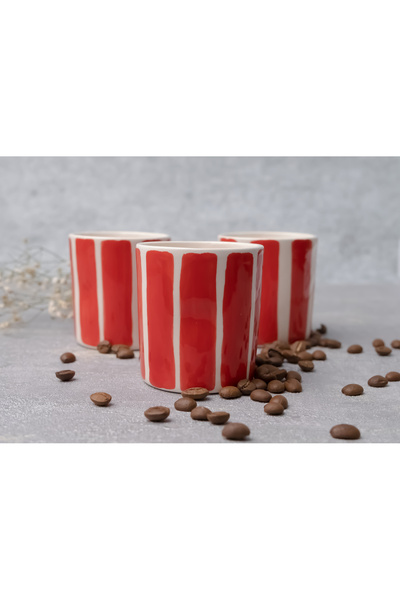 Melouro Red Striped Set of 3 Handmade Ceramic Cups with Handles, Mug