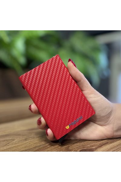 Wrapsol Suport pentru carduri de credit cu mecanism de protecție din aluminiu - carbon roșu