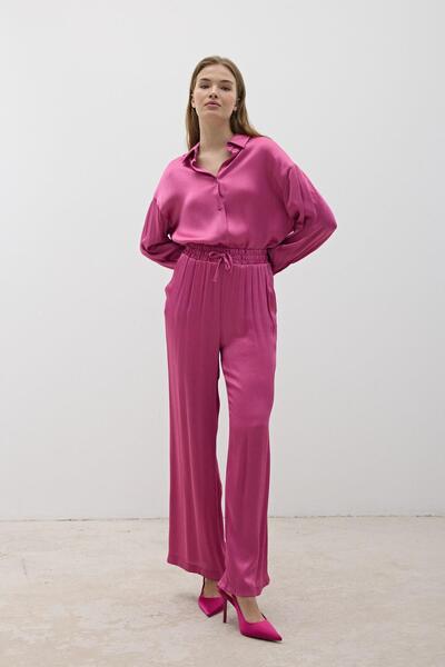 LEVURE Women's Elastic Waist Satin Trousers Dark Pink