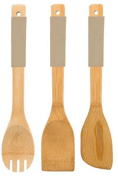 TİVOLİ 2Pcs Bamboo Spatula with 1Pcs Salad Spoon Silicone Handle Heat Resistant Fireproof Non-Stick Beige