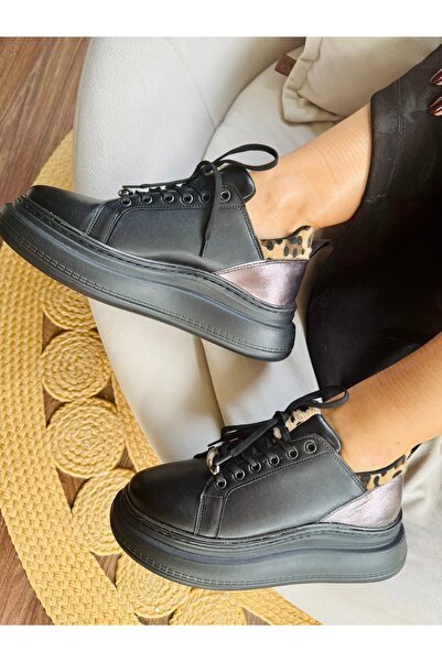 İnan Ayakkabı Kadın Siyah Renk Yüksek Taban Vegan Deri Günlük Sneakers & Spor Ayakkabı (TABAN 6 CM)