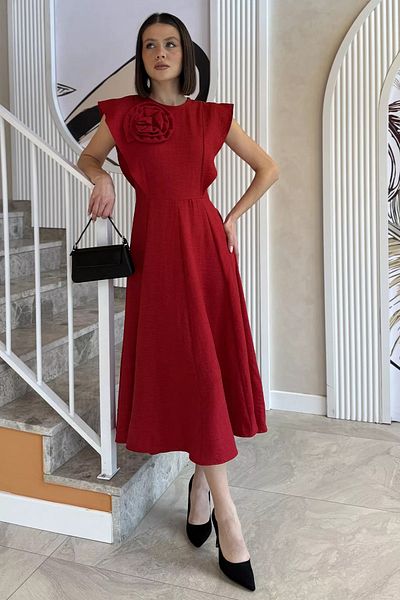 GÜLSELİ Κόκκινο τριαντάφυλλο λεπτομερές γυναικείο φόρεμα