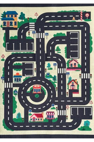 Carpettex Çocuk Bebek odası eğitici oyun Halısı Trafik temalı Sarı Gri Halı Kaymaz Taban Yıkanabilir