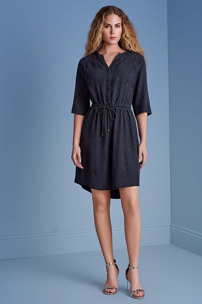Guitar Fake Sleeve Navy Blue Woven Dress