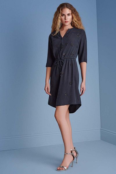 Guitar Fake Sleeve Navy Blue Woven Dress